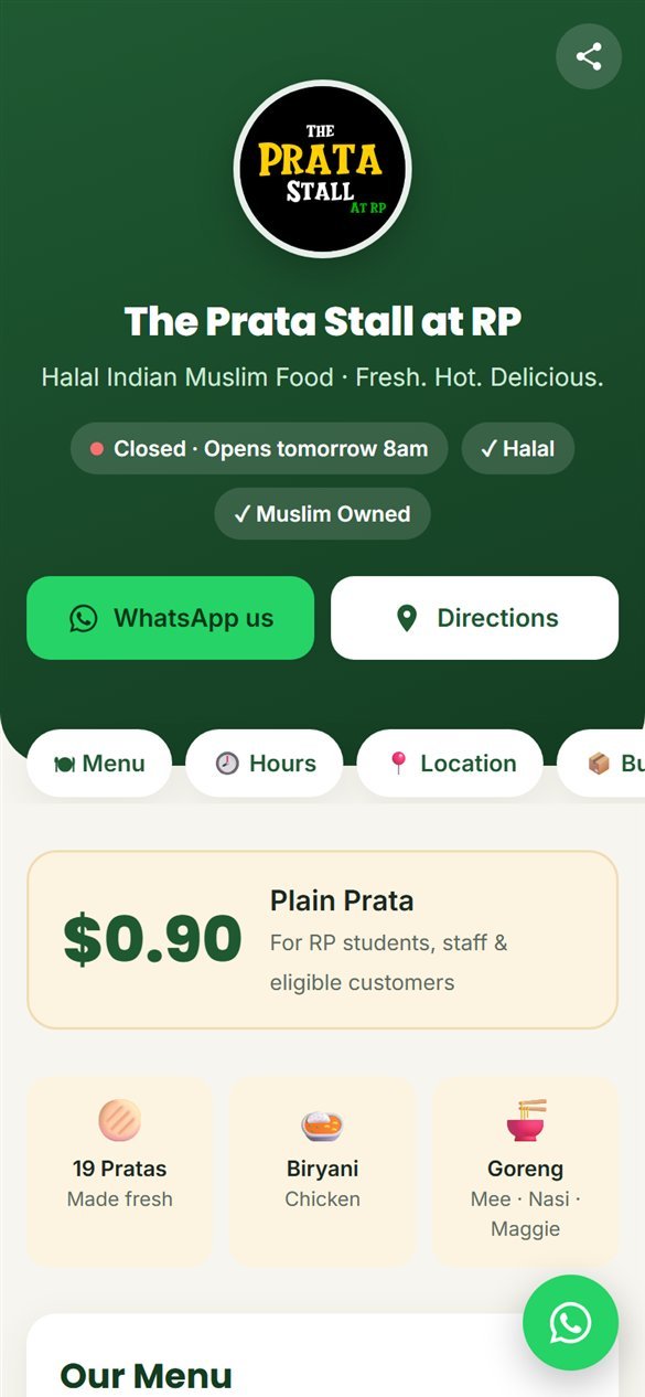 The Prata Stall at RP website on a phone: green header with Halal and Muslim Owned badges, WhatsApp and Directions buttons, and a $0.90 plain prata highlight