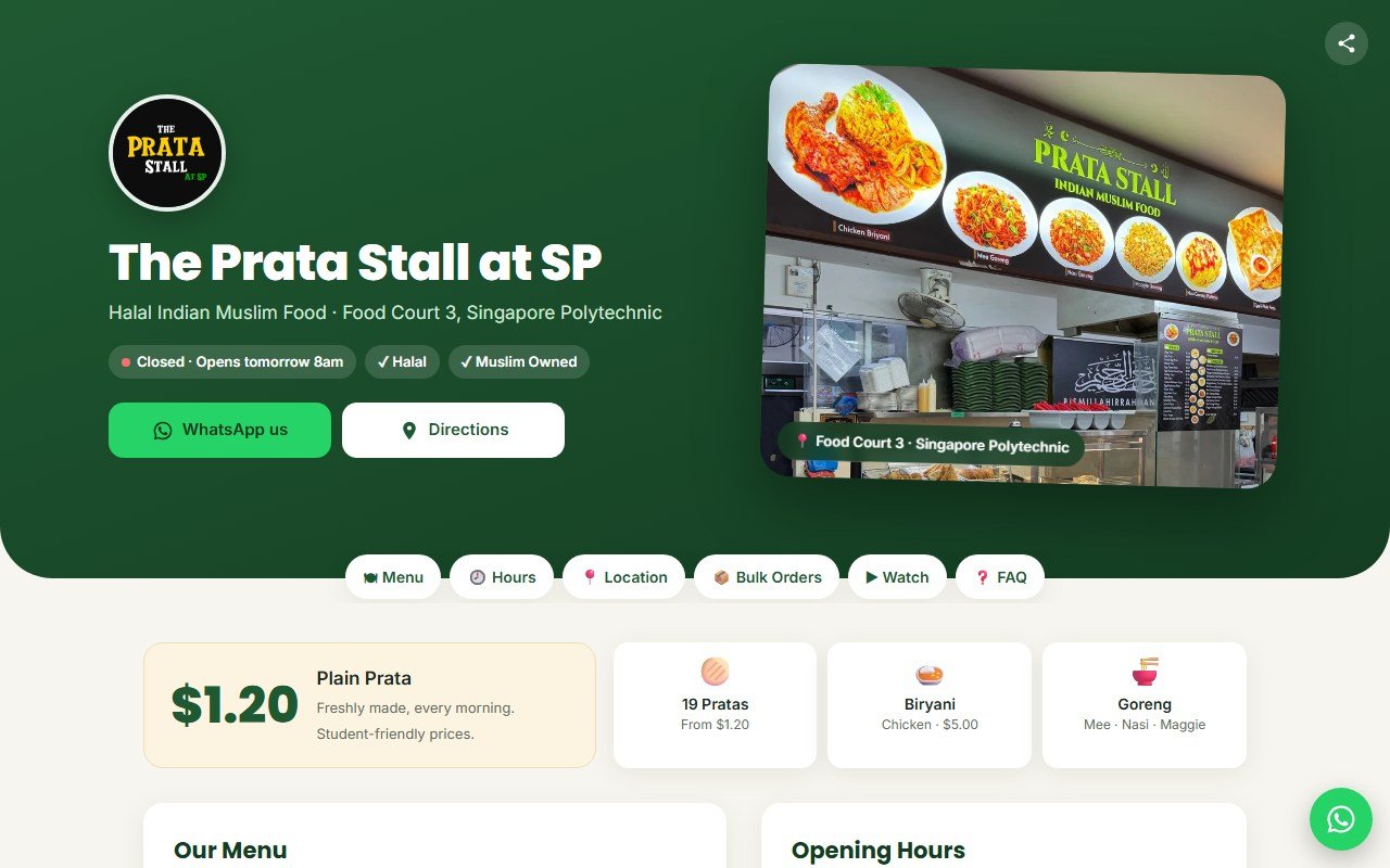 The Prata Stall at SP website on a laptop: green header with Halal and Muslim Owned badges and a storefront photo, a $1.20 plain prata highlight and quick links
