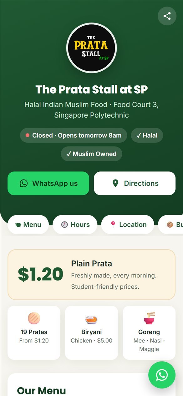The same Prata Stall at SP website on a phone, with the layout stacked for a small screen